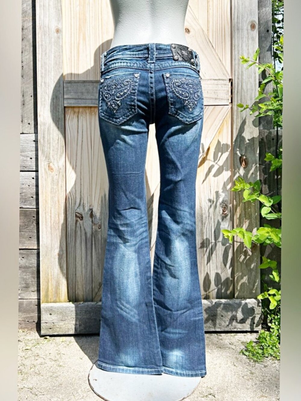 Miss Me Low Rise Distressed Stretch Denim Paisley Rhinestone Boot Cut Jeans~27~
